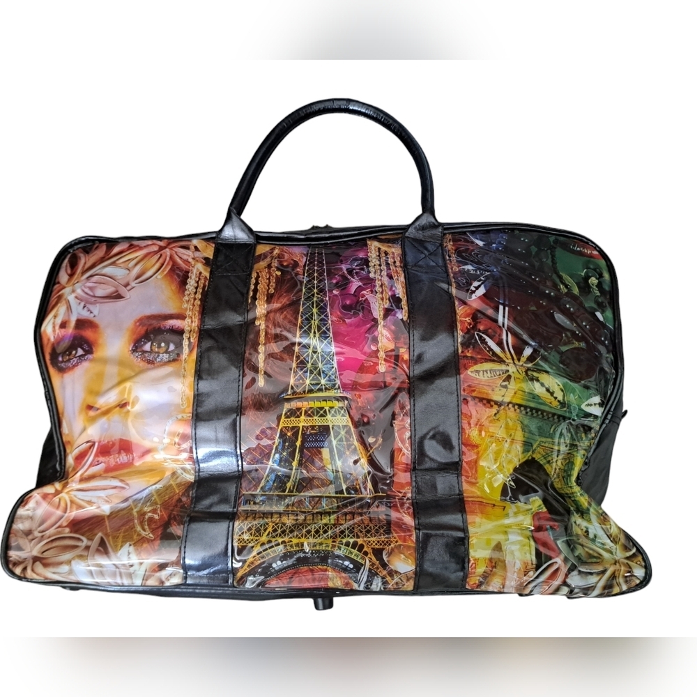 VTG CECILE JEANNE PARIS XL travel bag zip PVC sturdy luggage fashion MOD boho